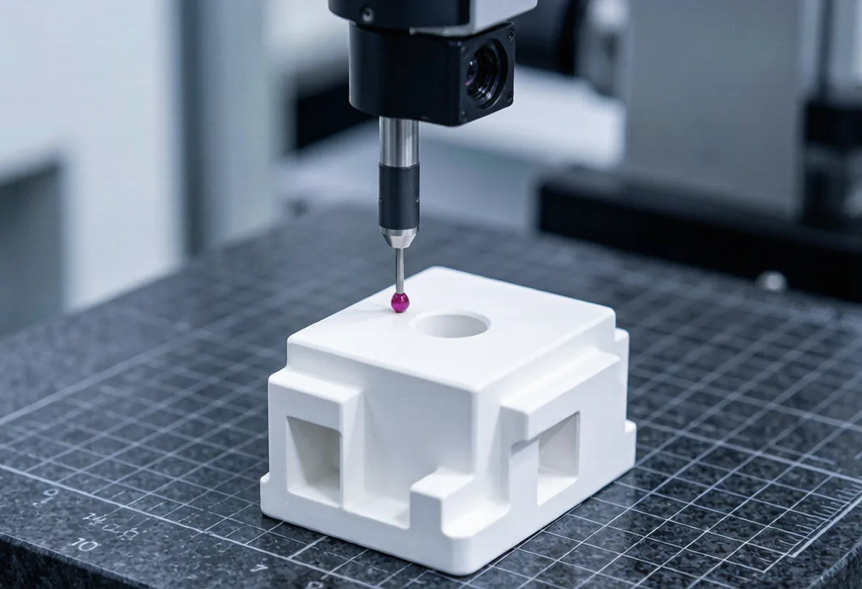 White technical ceramic component under an optical measuring microscope in a quality control lab