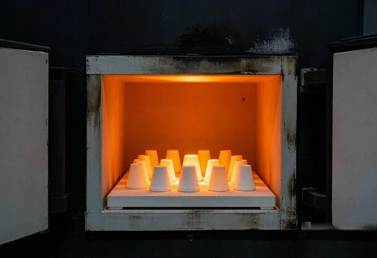 Ceramic parts glowing orange on a kiln shelf inside a high temperature sintering furnace